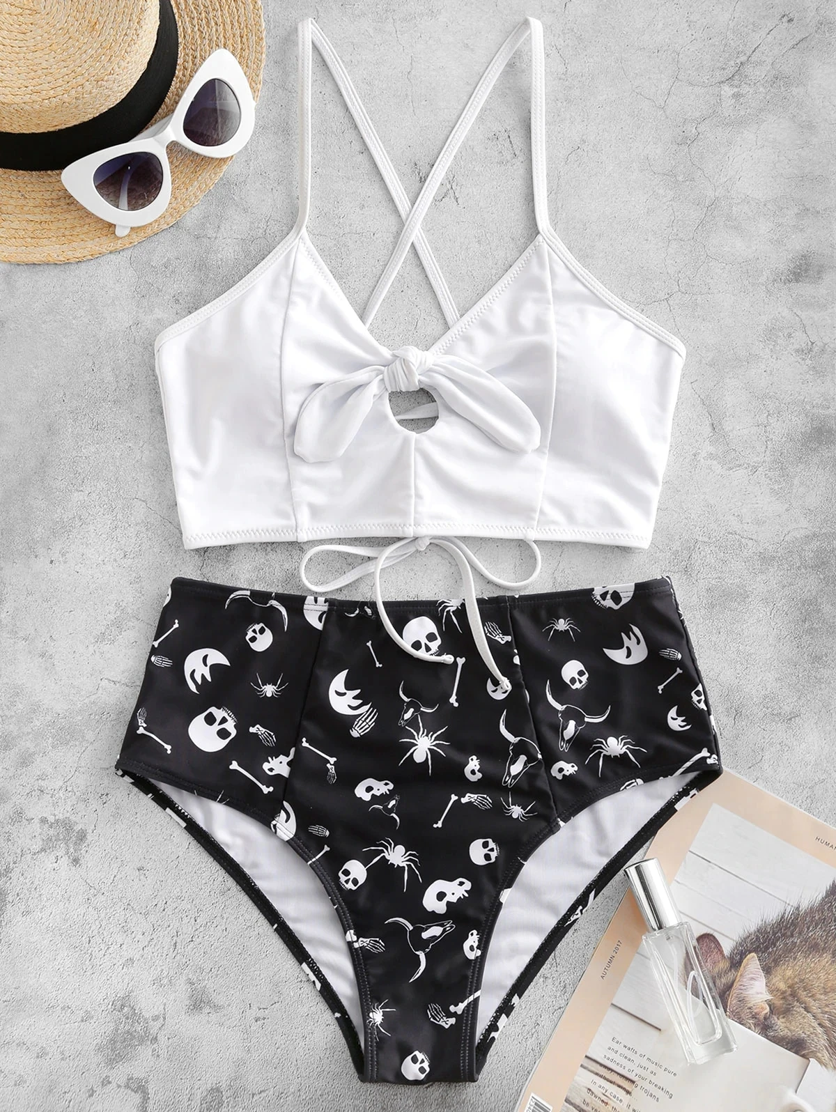 Halter Front Bow Bikini Set Cut Out Push Up Skull Printed Two Piece Swimsuit
