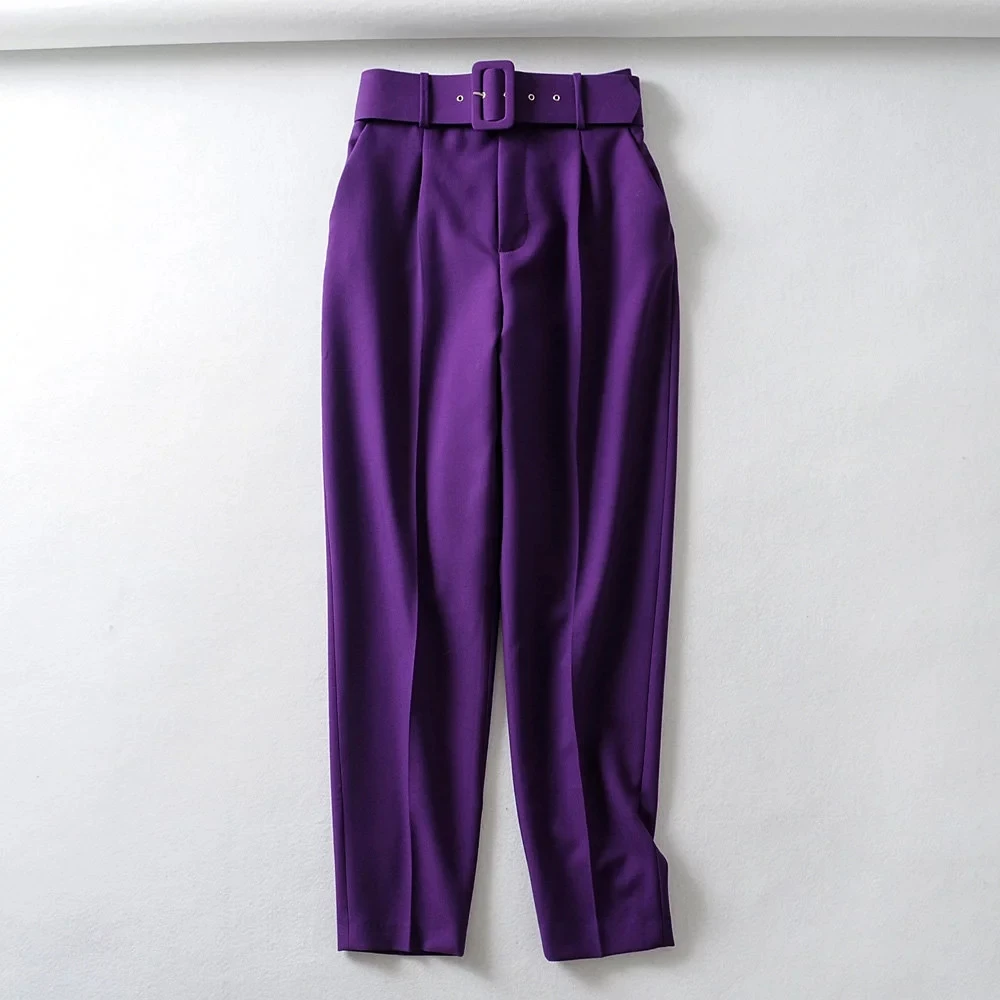 Purple Цвет, цвет красного вина, женский костюм, брюки, брюки с высокой талией, повседневные брюки с поясом, брюки, zoravicky, женские офисные фиолетовые Капри - Цвет: Purple
