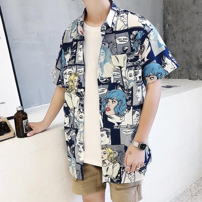 High Street Summer Mens Short Sleeve Cartoon Printing Top Shirts Korean Fashion Casual Slim Single Breasted Open Stitch Shirts