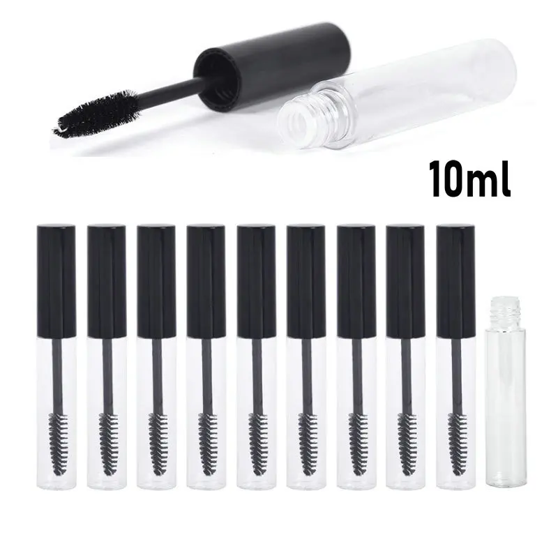 

10Pcs10ml Portable clear mascara tubes with wand packaging Liquid Eyelash bottle Black Cap Empty Refillable cosmetics containers