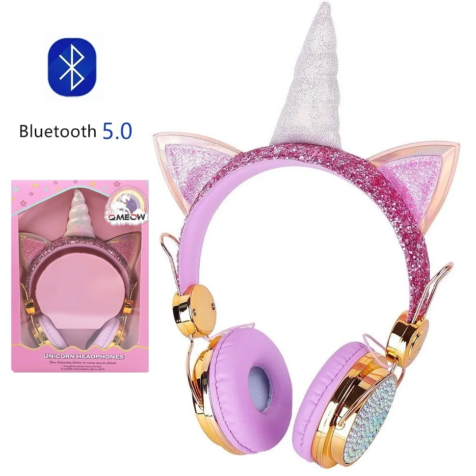 Наушники Bluetooth золотые с милым единорогом беспроводные наушники для девочек