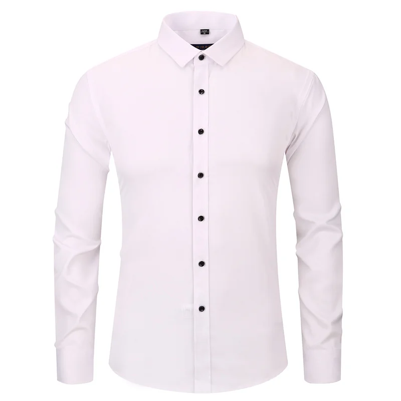 Anti-Wrinkle No-Ironing Elasticity Slim Fit Men Dress Casual Long Sleeved Shirt White Black Blue Red Male Social Formal Shirts