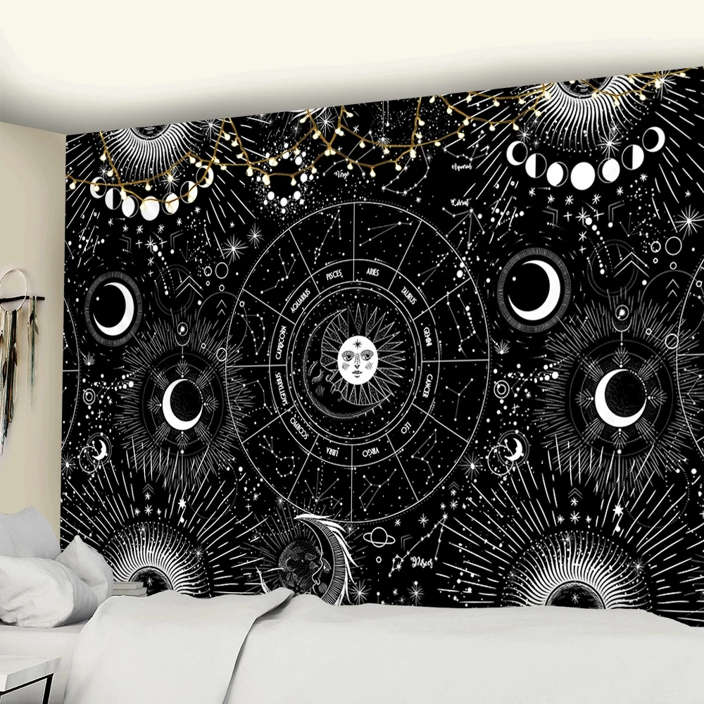 For Sale Tapiz de Mandala con cielo estrellado, colgante de pared de color blanco y negro, bohemio, gitano, psicodélico, brujería, astrología, Luna y sol 6n95BXXzEyb