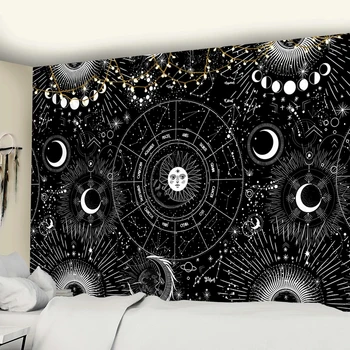 Sun Moon Mandala Starry Sky Tapestry White Black Wall Hanging