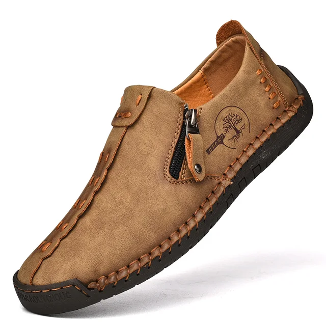 Comfortable Leather Men Shoes Casual Slip On Men Loafers Qlity Split Leather Shoes Men Flats Hot Sale Moccasins Shoes Plus Size Khaki