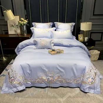 

Pink Blue Princess style Floral Embroidery Bedding Set Egyptian Cotton Duvet cover with pearl Queen King size Bed sheet 4Pieces