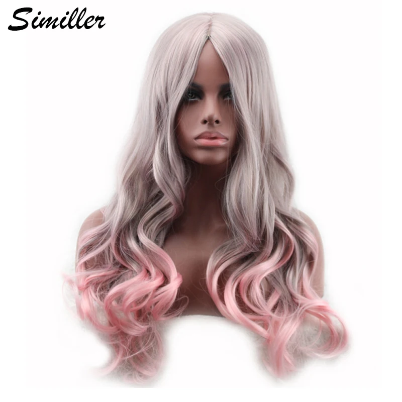 

Similler Women Long Synthetic Hair Cosplay Wigs Grey T Pink Ombre Color High Temperature Fiber Wiht Free Wig Cap