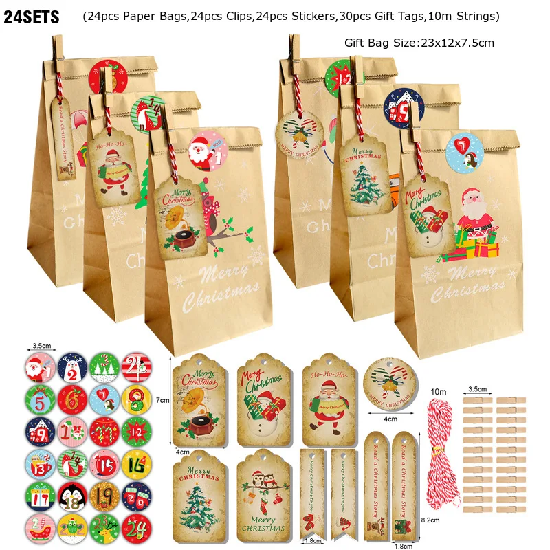 

24 подарочных пакета, наборы конфет, Рождественский день наступления, пакет из крафт-бумаги, Рождественский обратный отсчет, фотопакет