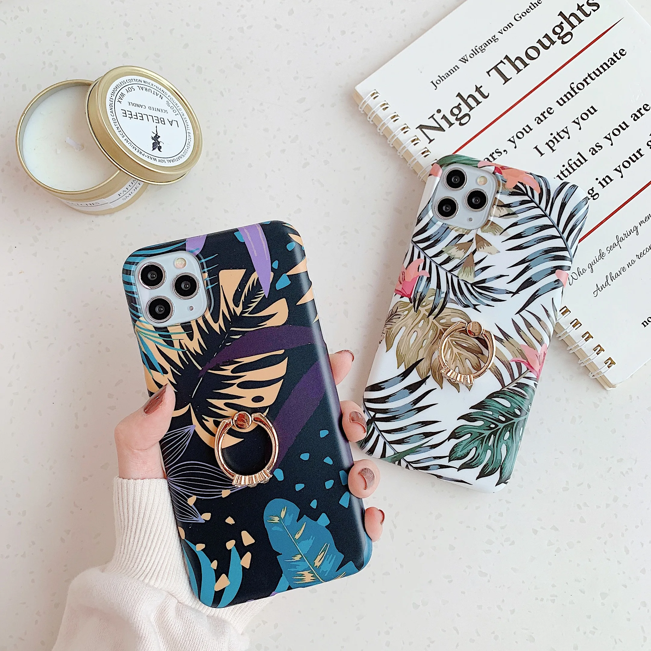 

For iPhone SE 11 Pro XS Max XR X Case Fashion Banana Leaf With Ring Holder Phone Case For iPhone 8 7 Plus Soft IMD Back Cover