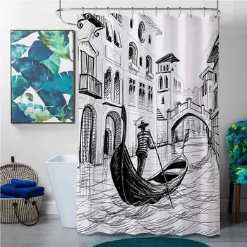 

Shower Curtains with Trees on Them Sketchy,Gondola in Venice European Famous Canal History Mediterranean Holiday Image,Black and