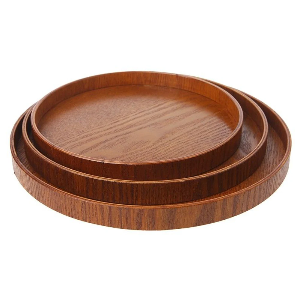 Retro Tea Accessories Fruit Bakery Serving Tray Wooden Food Dishes Platter Natural Plate Kitchen Tools Round Tea Tray 3 Sizes