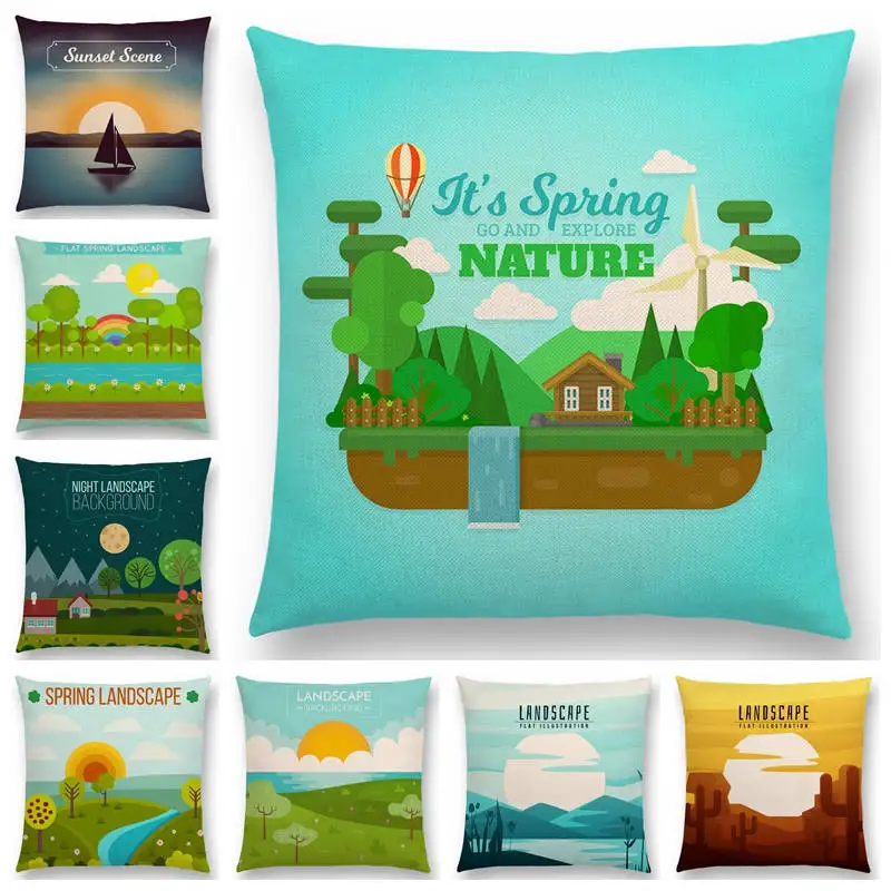 

Nature Field Wild Mountain River Forest Season Spring Winter Ravel Country Scenery Sun Cushion Cover Decorative Pillow Case