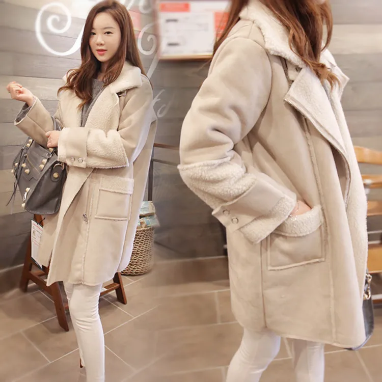 

2016 Autumn And Winter New Style South Korea Retro Loose-Fit Lambs Wool Mid-length Suede Cotton-padded Clothes