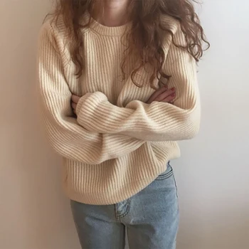 

2020 Korean Retro Hemp Flowers Knitted Sweaters Women Casual Loose Long Sleeve Sweater Female Solid Color Oversize Jumpers