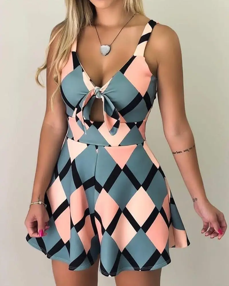 

New Summer Sweet Women Colorblock Geo Print Spaghetti Strap Romper Elegant Vacation Leisure Playsuit Female Casual Bow Jumpsuit