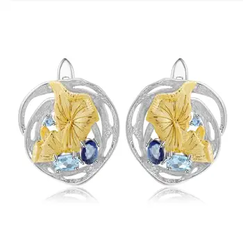 

GEM'S BALLET Natural Sky Blue Topaz Mystic Quartz 925 Sterling Silver Handmade Lotus Pond Clip Earrings For Women Fine Jewelry