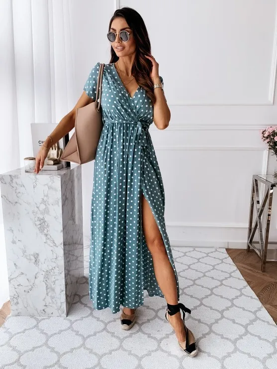 2022 Fashion Polka Dot Split Boho Dress V-Neck Women Casual Beach Vacation Long Dresses Vestido De Mujer maxi dresses