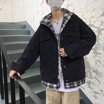 

Hooded Denim Jacket Men Fashion Plaid Stitching Casual Fake Two-piece Jacket Coat Man Streetwear Loose Hip Hop Bomber Jacket Men