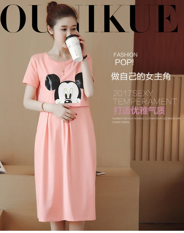 Summer New Style Maternity Clothes Medium-length Fashion Mickey Nursing Dress Korean-style Pregnant Women Nursing Clothes