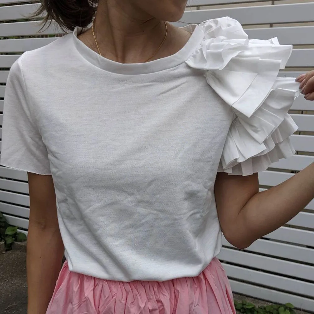 Minimalism Black White Ruffles Summer T Shirt Korean Japan Style Women Streetwear Casual Short Sleeve Top Tee Ladies Tshirt