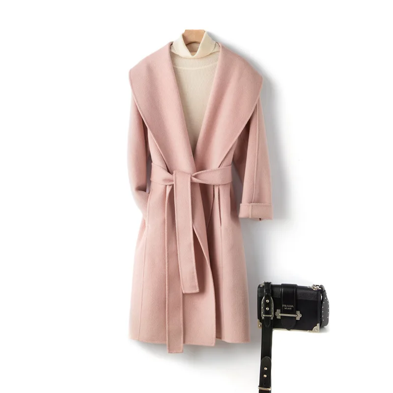 Pink Женское зимнее пальто Новое двойное шерстяное пальто с большим отворотом корейское пальто свободный пояс длинное пальто шерстяное пальто женское пальто - Цвет: Pink