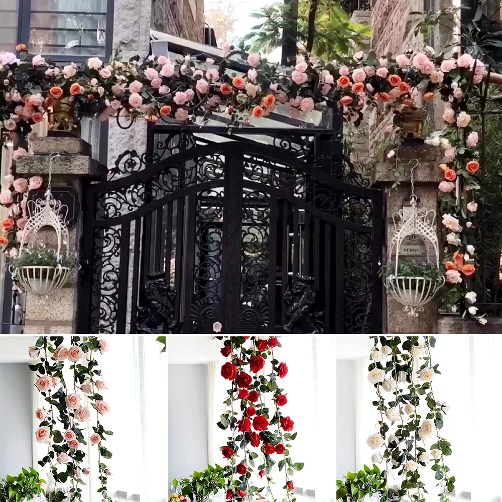 180cm Artificial Rose Flower Ivy Vine Wedding Decor Real Touch Silk Flowers String With Leaves for Home Hanging Garland Decor
