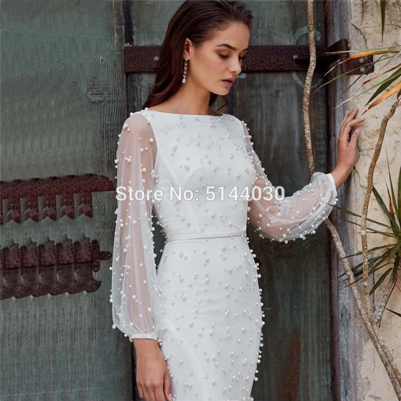 White Long Sleeve Pearls Mermaid Evening Dresses 2021 Dubai O-Neck Sexy Floor Length Tulle Wedding Party Gowns Robe De Soiree | Свадьбы и