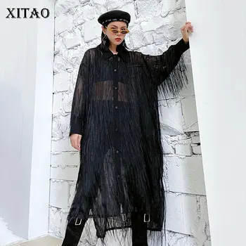 

XITAO Sexy Perspective Tassel Dress Women Fashion Plus Size Single-breasted Turn down Collar Dresses Streetwear Clothes DMY3146
