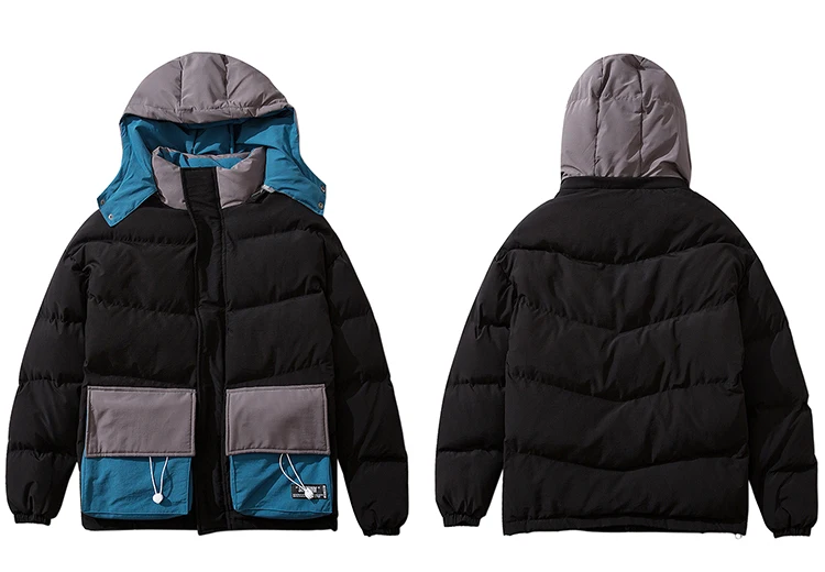 LENSTID, зимняя мужская куртка, стеганая парка, в стиле хип-хоп, уличная ветровка, с карманом, Harajuku, Ретро стиль, цветной блок, с капюшоном, Тренч, пальто