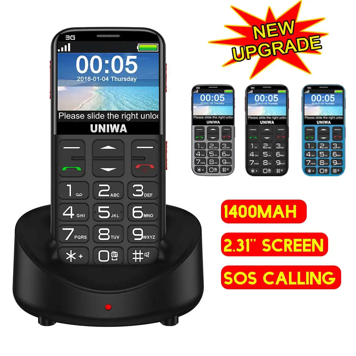 

V808G Mobile~Phone Strong Torch Big Push-Button Loud Cellphone SOS 3G WCDMA English Russian Keyboard Elderly Cellphone AU Plug