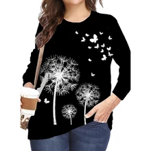 

Women's Plus Size Tops Dandelion Printed Long Sleeve Loose T-Shirt Fashion Black Streetwear Ladies Large Size Casual Tunic Top