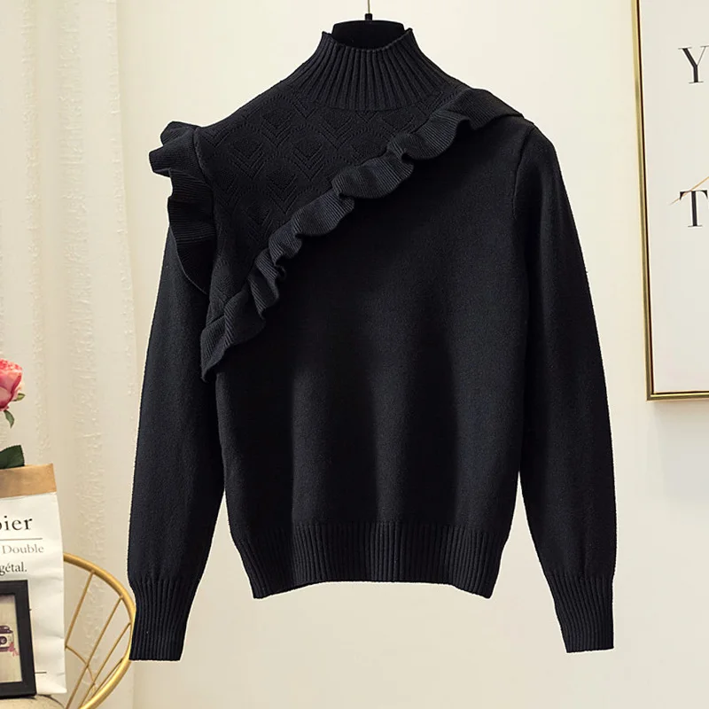 OUMENGKA, водолазка, эластичный вязаный женский свитер, Осень-зима, свободный джемпер, модный, с оборками, базовый Женский пуловер, Femme Pull - Цвет: black
