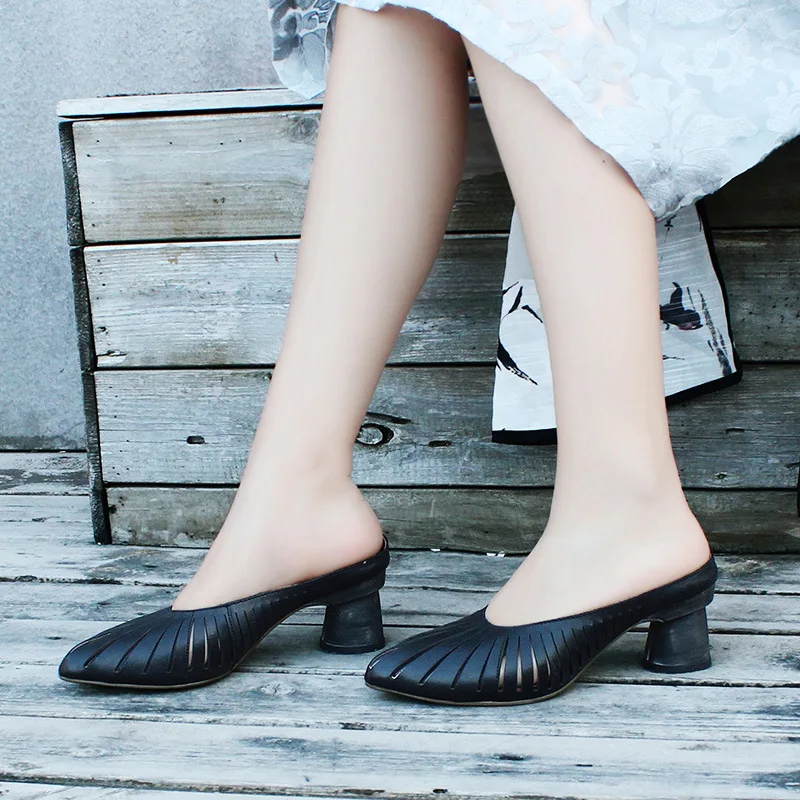 

Slip-on Loafers 2019 New Style Semi-high Heeled Hollow out WOMEN'S Shoes Versatile Casual Genuine Leather High Heel Shoes