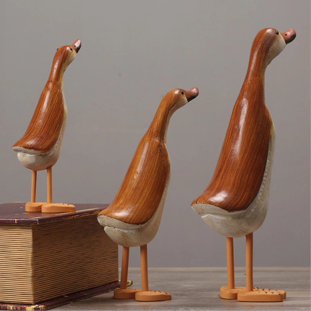 Duck Statues Figurines Set of 3, Wooden Painted Handmade Crafts for Garden
