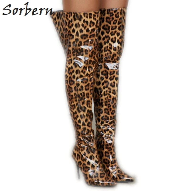 

Sorbern Wide Thigh Fit Leopard Boots Women Stilettos High Heel Pointed Toe Custom Extreme Long Narrow Legs Non Slip Work Shoes