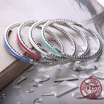 

2020 New Real 925 Sterling Silver Pan Enamel Radiant Hearts With Cubic Zirconia Bracelet Pan Bangle Fit Women Bead Charm Jewelry