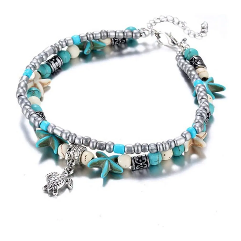 

Fashion Double Anklet Conch Starfish Colorful Star Yoga Beach Turtle Pendant Anklet Bracelet Simple Beaded Jewelry