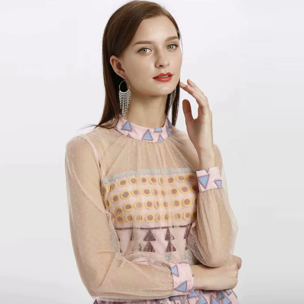 Runwaybox, дизайнерское женское платье, весна-лето, с вышивкой, с длинным рукавом, вечерние, миди, Сетчатое платье, женские праздничные платья, vestidos robe