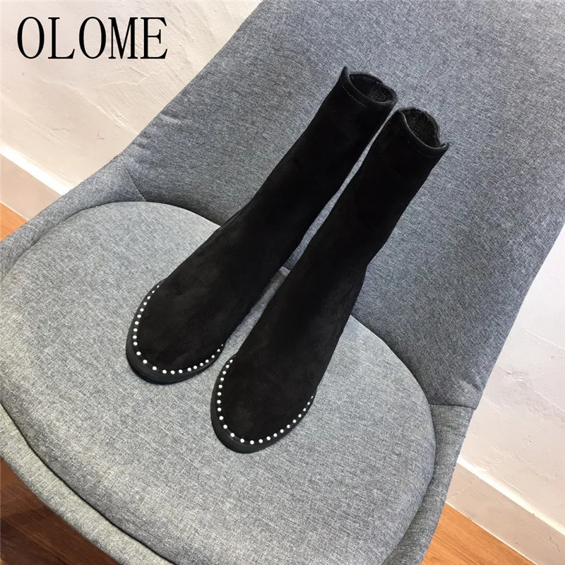 OLOME; Новинка; модные черные женские ботильоны из натуральной кожи; женские осенние ботинки с круглым носком без застежки на высоком массивном каблуке