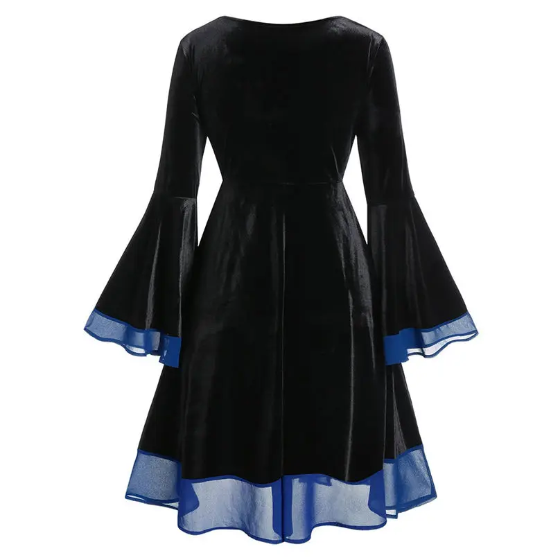 New Fashion Halloween Dress Women Velvet Plus Size Halloween Lace Up Patchwork Long Sleeve Mini Dress Vestidos 4S04 (3)