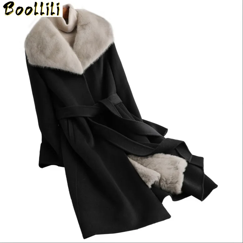 

Шуба Boollili из натурального меха 2023, Женская подкладка из кроличьего меха, пальто из 100% шерсти, зимняя куртка, женское теплое шерстяное пальто с норковым воротником