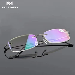 May Flower Memory Titanium Rimless Reading Glasses Fashion Blue Anti-Light Glasses Men Square Farsight Glasses For Women +3+3.5