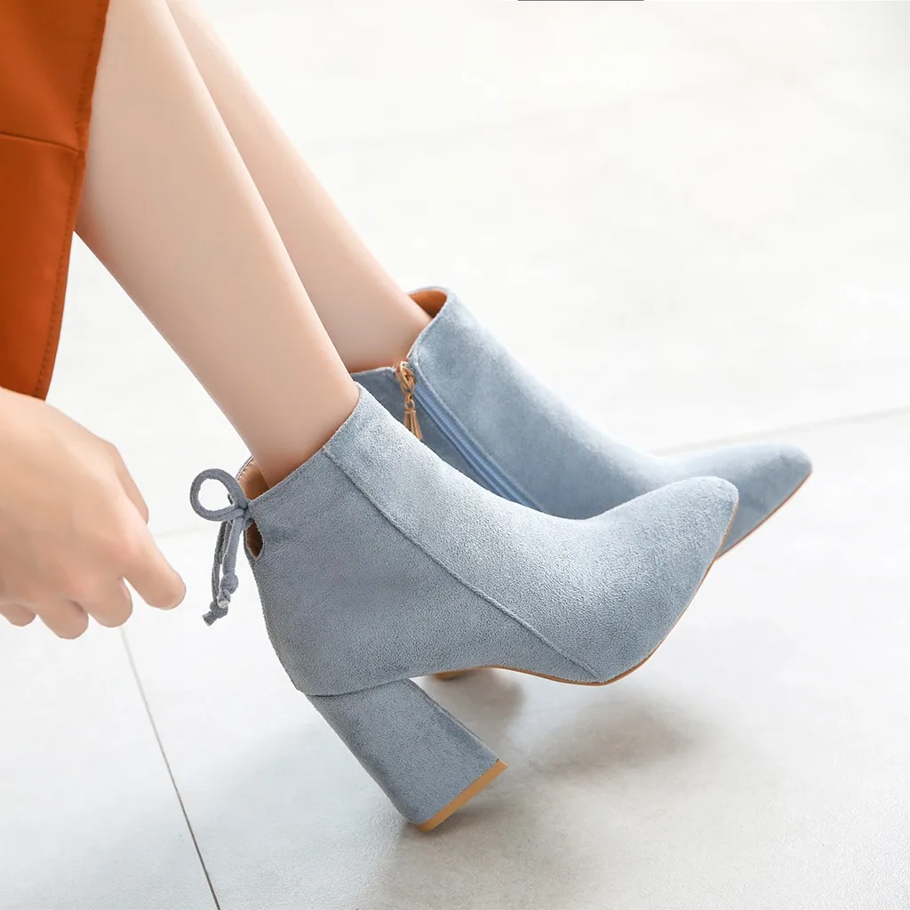 Теплые женские ботинки осень-зима модные женские ботинки с острым носком на молнии ботильоны на высоком квадратном каблуке пикантная женская обувь#828