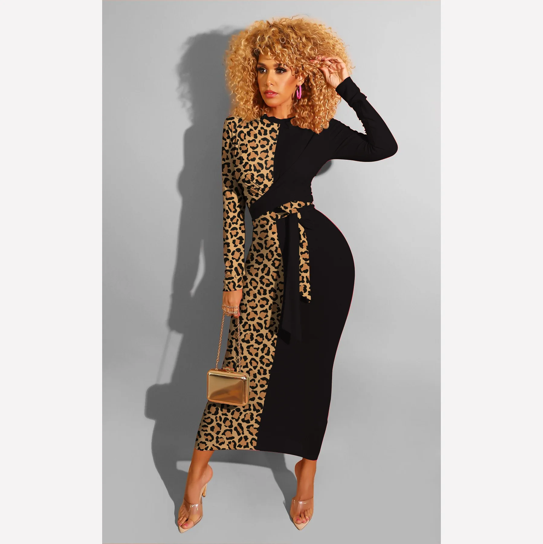 С леопардовым принтом Платье макси с длинным рукавом Bodycon Vestidos размера плюс одежда элегантная пикантная обувь для ночного клуба вечерние Осенние наряды для Для женщин - Цвет: black