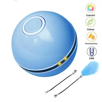 

2020 Smart Interactive Cat Toys Colorful LED Self Rotating Ball With Catnip Bell And Feather USB Rechargeable Cat Ball Toy