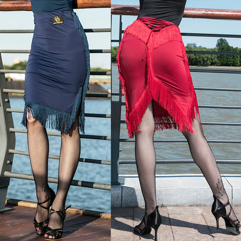 

2019 New Dance Skirt Women Latin Practice Wear Red Fringe Latin Skirt Balck Adult Rumba Skirt ChaCha Dance Clothes Women BL2264