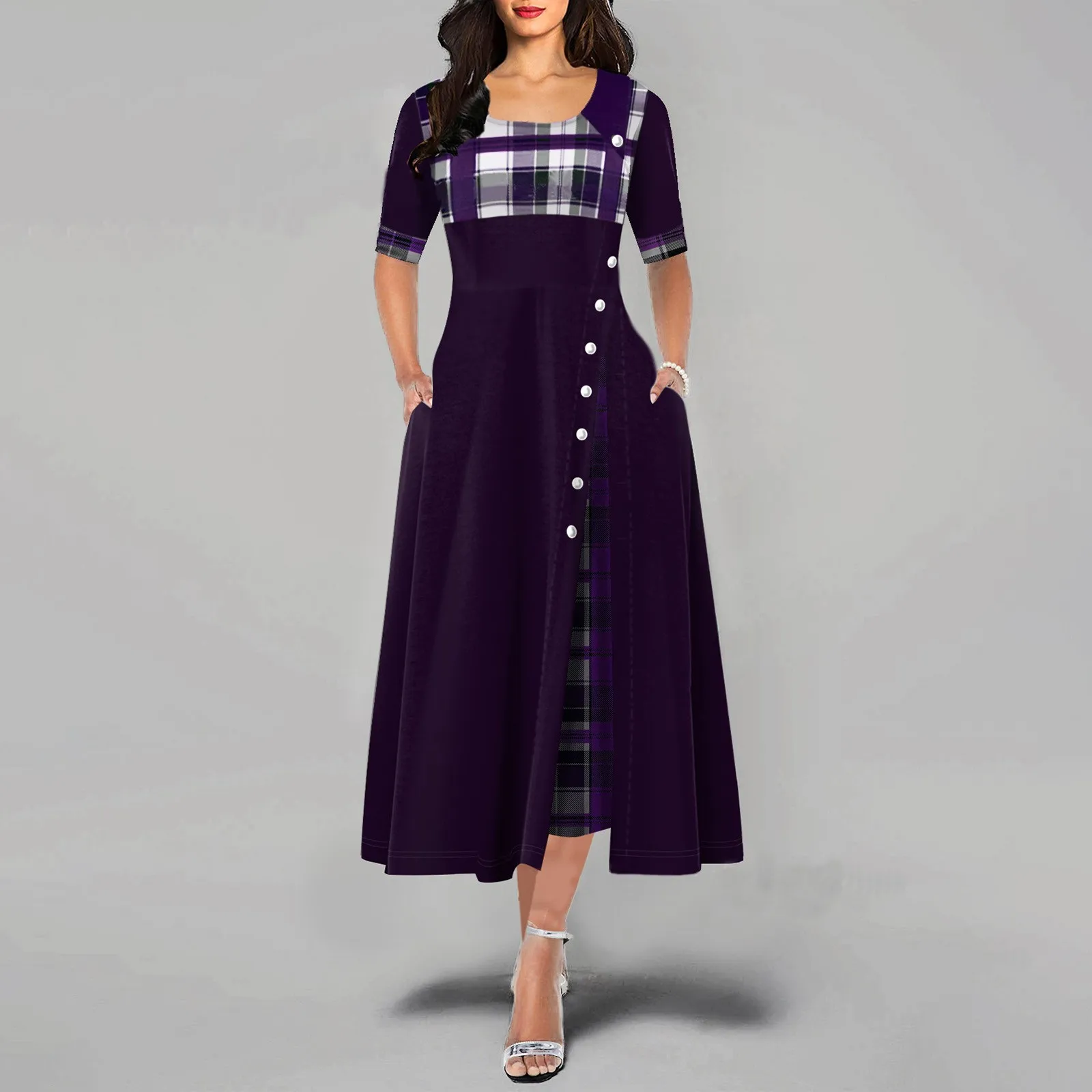 Summer Women's Dress Casual O Neck Collar Collision Color Short sleeve Irregular Long Dress Plus Size Elegant Party Vestido 2021 2