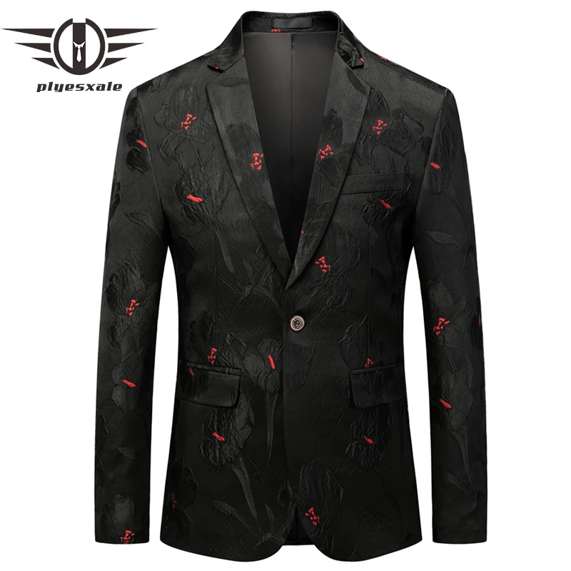 Plyesxale черный цветочный жаккардовый блейзер для мужчин Slim Fit свадебный пиджак для жениха мужской пиджак модный сценический костюм Q816