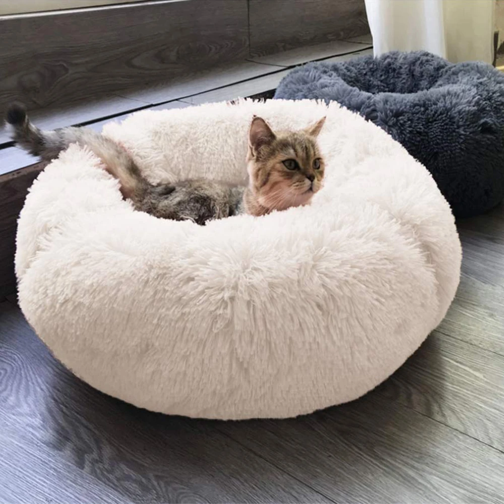  Cat Bed Cushion Mat Faux Fur Self-Warming Pet Cat and Dog Bed Round Plush Anti-Slip Cat Nest House 
