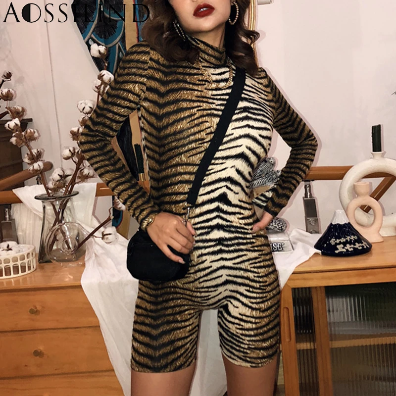 Женский леопардовый комбинезон AOSSILIND элегантный Облегающий с длинным рукавом и